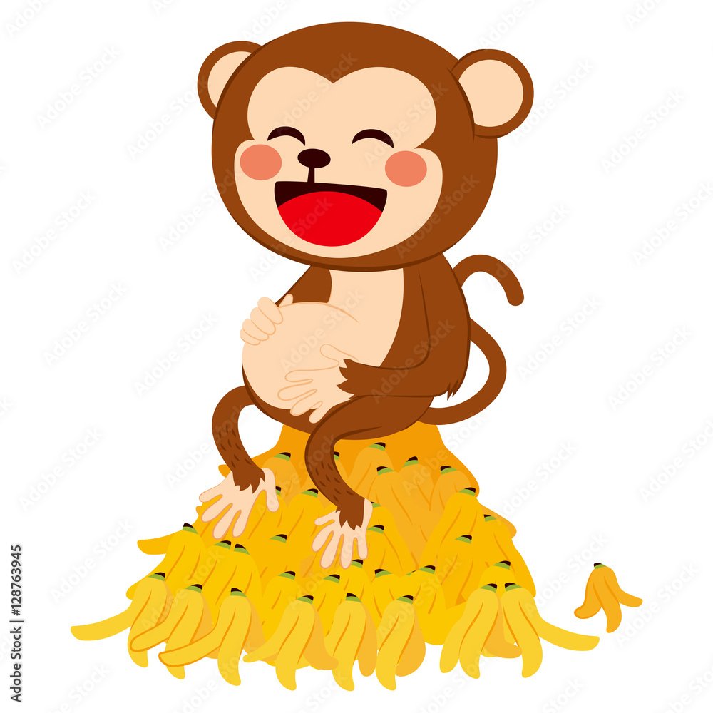 Illustration of funny monkey rubbing belly on top of a pile of eaten