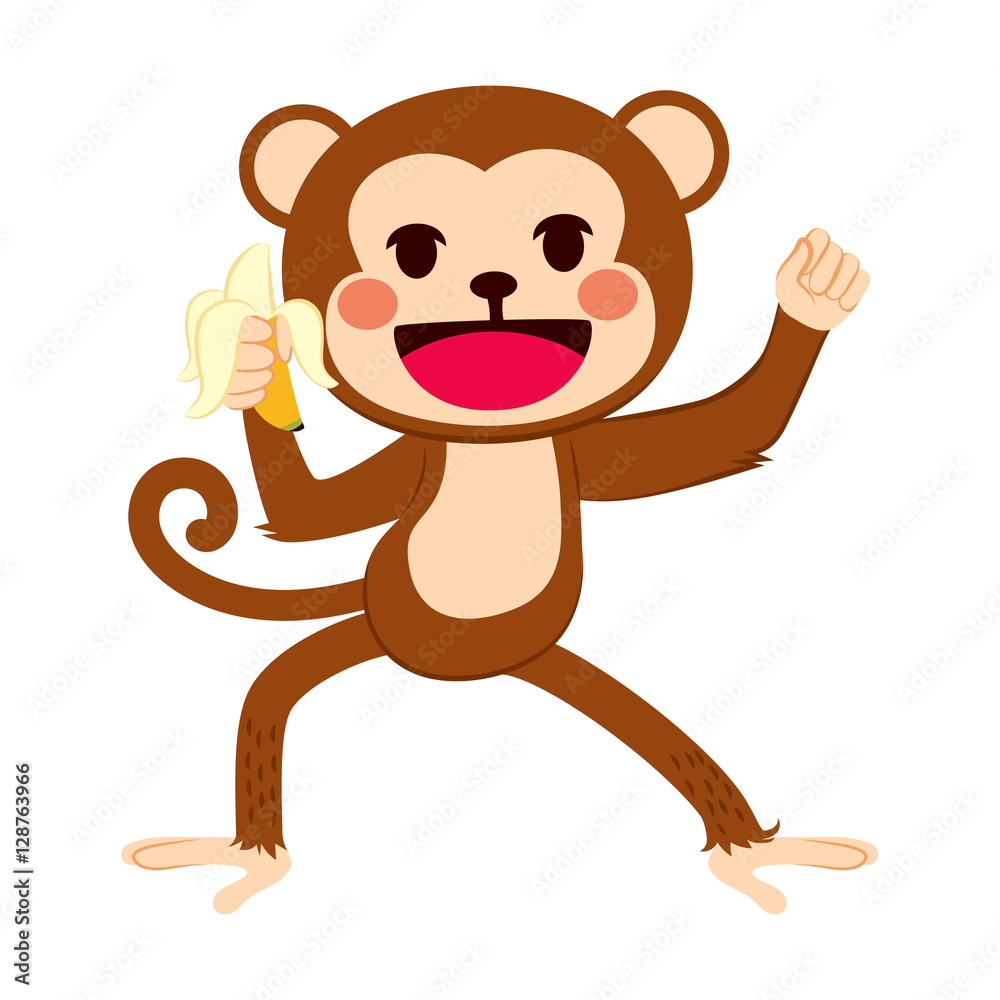 Obraz premium Happy funny active monkey holding banana fruit
