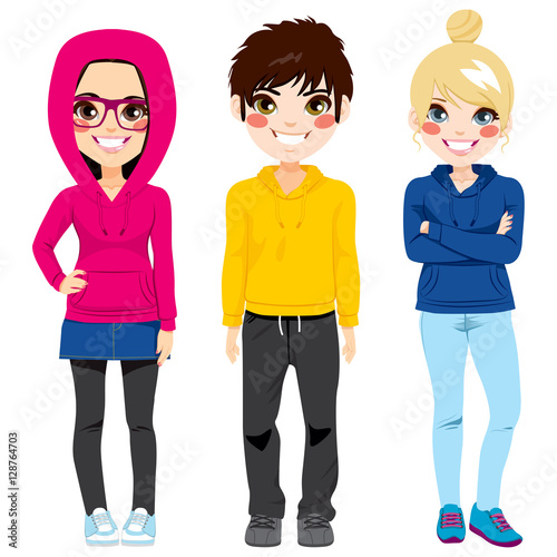 Full body illustration of three happy young teenagers girls and boy smiling with colorful casual outfit posing together