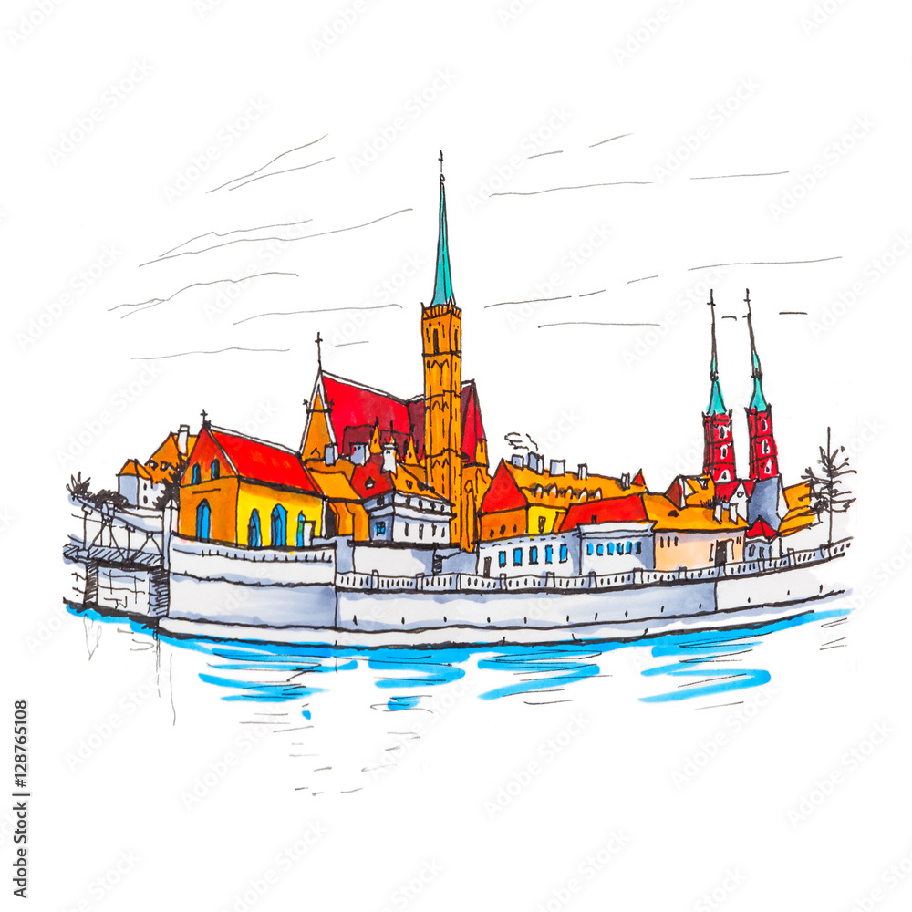 Obraz premium Cathedral Island or Ostrow Tumski with Cathedral of St. John and church of the Holy Cross and St. Bartholomew in Wroclaw, Poland. Picture made markers