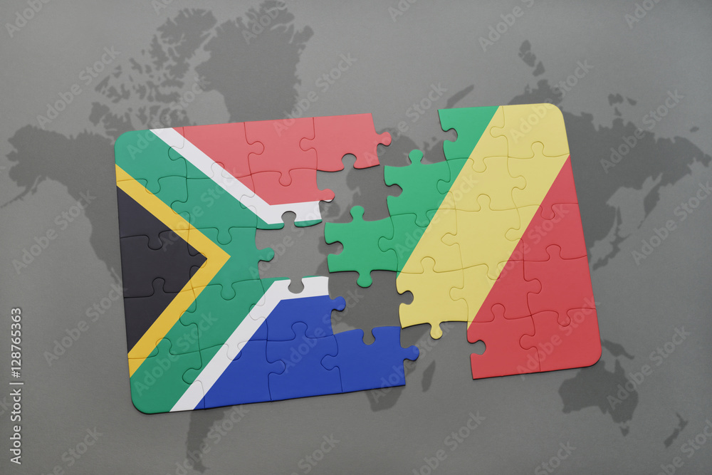 puzzle with the national flag of south africa and republic of the congo on a world map.