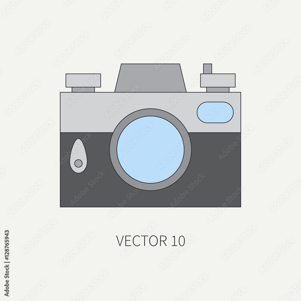 Line flat vector icon with retro analog film cameras. Photography and art. Reflex 35mm photocamera. Cartoon style. Illustration and element for your design. Photographic lens. Simple. Color. Shoot. Line flat vector icon with retro analog film cameras. Photography and art. Reflex 35mm photocamera. Cartoon style. Illustration and element for your design. Photographic lens. Simple. Color. Shoot.