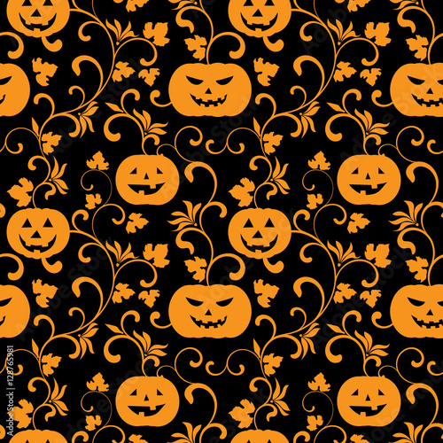 Seamless halloween pattern with pumpkins  on a black background