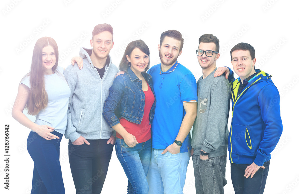 group of smiling friends staying together and looking at camera isolated on white background group of smiling friends staying together and looking at camera isolated on white background