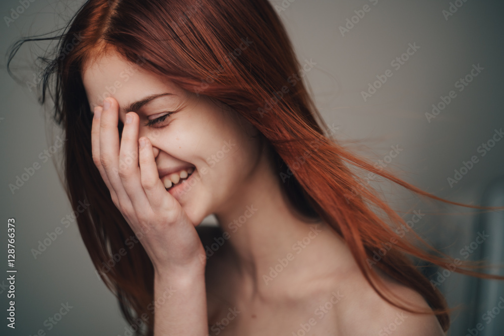 happy woman on gray background, emotions happy woman on gray background, emotions