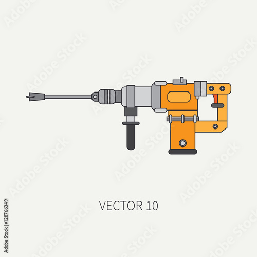 Line flat vector icon with building electrical tool - perforator. Construction and repair work. Powerful industrial instrument. Cartoon style. Illustration and element for your design. Engineering.