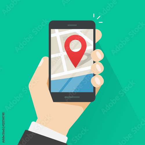 Mobile phone geo location, hand with smartphone gps navigator city map and pin pointer, roadmap direction, idea of quest game route, person found location vector illustration isolated