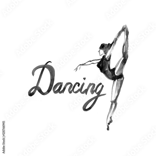 Fototapeta Naklejka Na Ścianę i Meble -  Watercolor illustration ballerina icon in dance. Design poster ballet school, studio