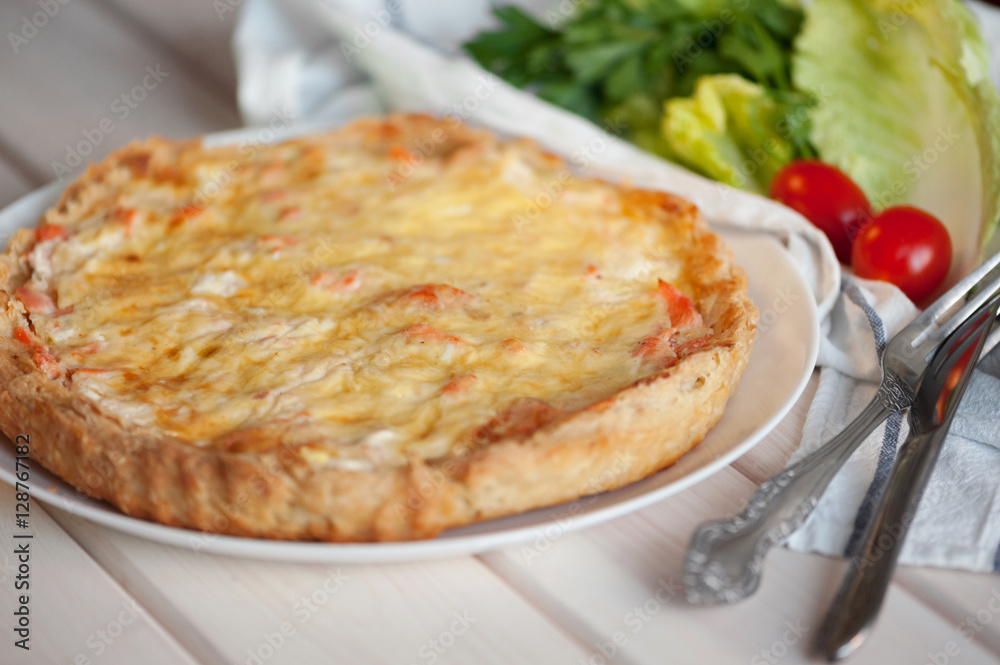 open pie with salmon, spinach and dill. open pie with salmon, spinach and dill.