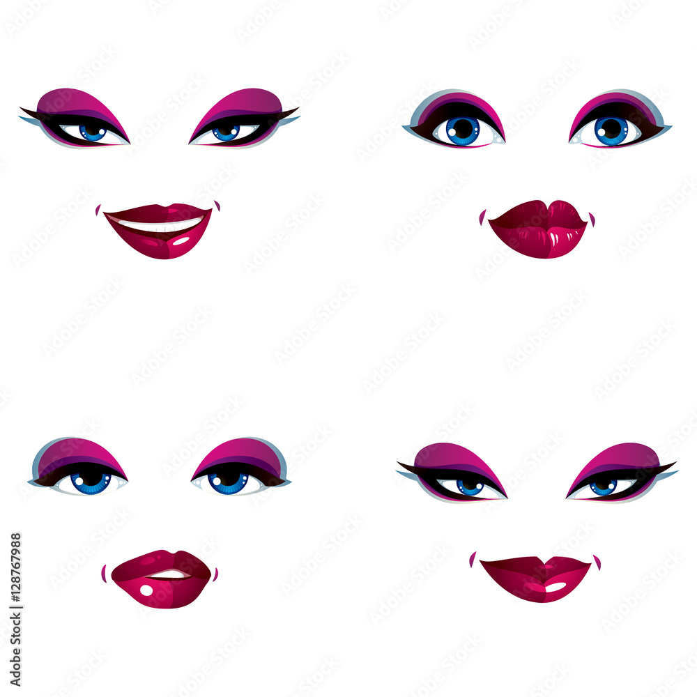 Set of vector beautiful female visage with stylish makeup, eyes Set of vector beautiful female visage with stylish makeup, eyes