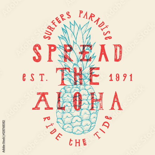 tropic paradise vacation pineapple print. hawaii surfer lettering.