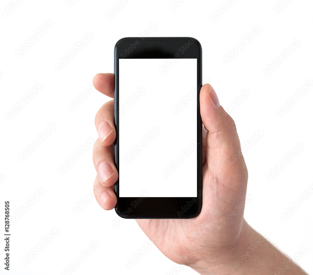 Isolated man hand holding black phone with white screen Isolated man hand holding black phone with white screen