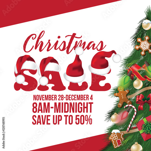 Christmas sale background design. with decorated Christmas tree lights and sale tag. Copy space for your message. EPS 10 vector.