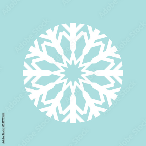 Flat snowflake icon, white on blue background