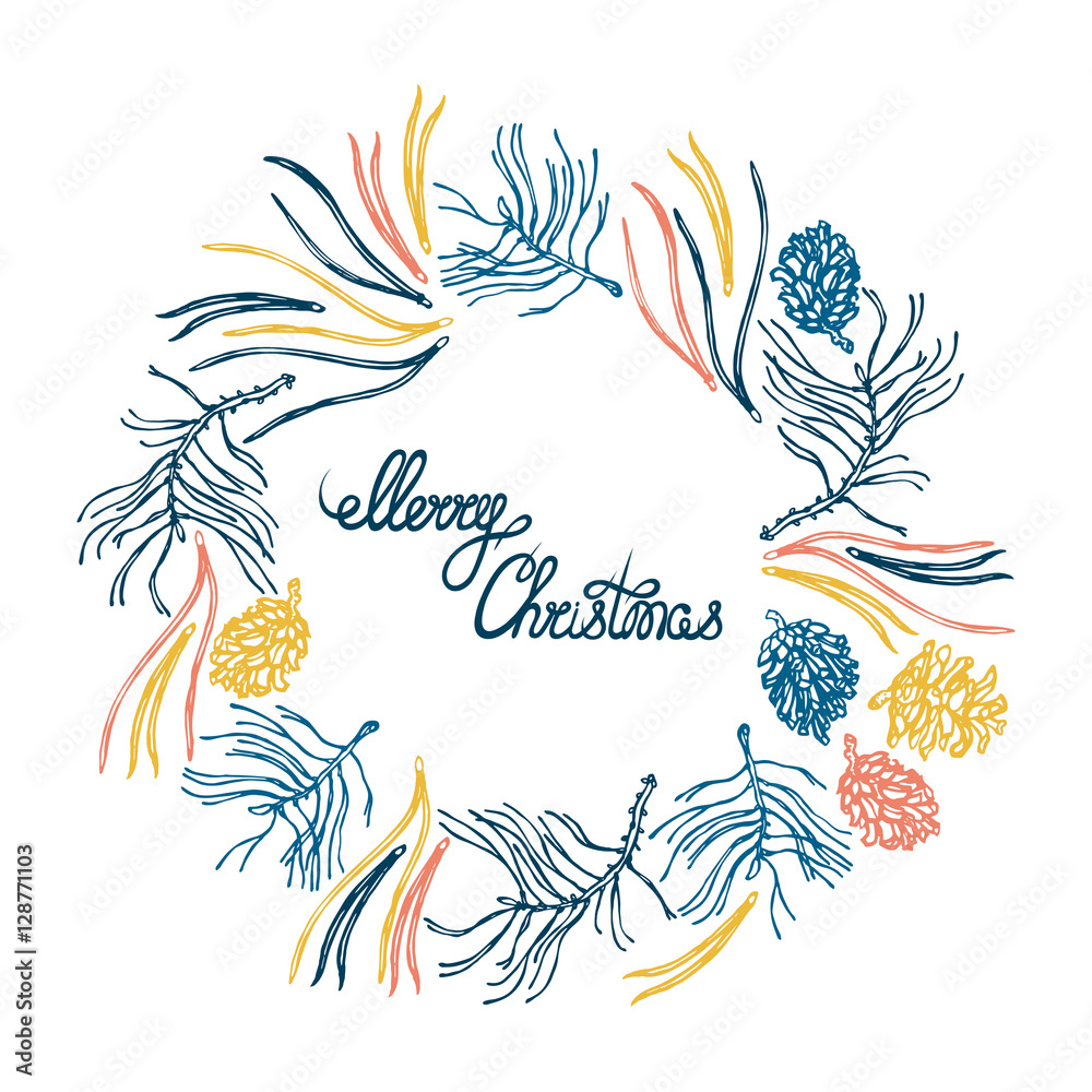 Merry Christmas! Round wreath with branches, needles, pine cones. Hand drawn. Vector illustration. Merry Christmas! Round wreath with branches, needles, pine cones. Hand drawn. Vector illustration.