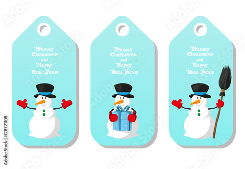 Set of  holiday pattern for label Merry Christmas and Happy New Year type with figurines funny Snowman different poses isolated on white background. Cartoon style. Vector illustration