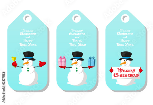 Set of  holiday pattern for label Merry Christmas and Happy New Year type with figurines funny Snowman different poses isolated on white background. Cartoon style. Vector illustration