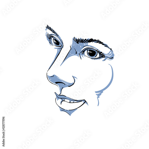 Vector drawing of pensive woman thinking about something. Black