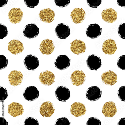 Seamless pattern of gold glitter and black polka dots, hand painted background of golden and black circle, vector design for flyer, wedding card, invitation, holiday, wrapping, textile, web