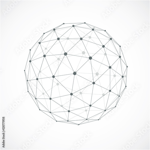 3d abstract faceted figure with connected blue lines and dots. V