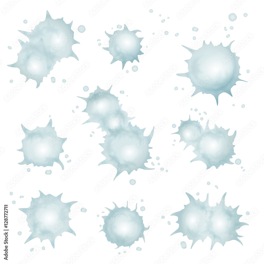 Set of snowballs thrown at a wall isolated on white background. Strewn snow texture collection. Winter snowy elements Set of snowballs thrown at a wall isolated on white background. Strewn snow texture collection. Winter snowy elements