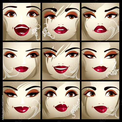 Set of vector portraits of sexy women in different emotions. Par