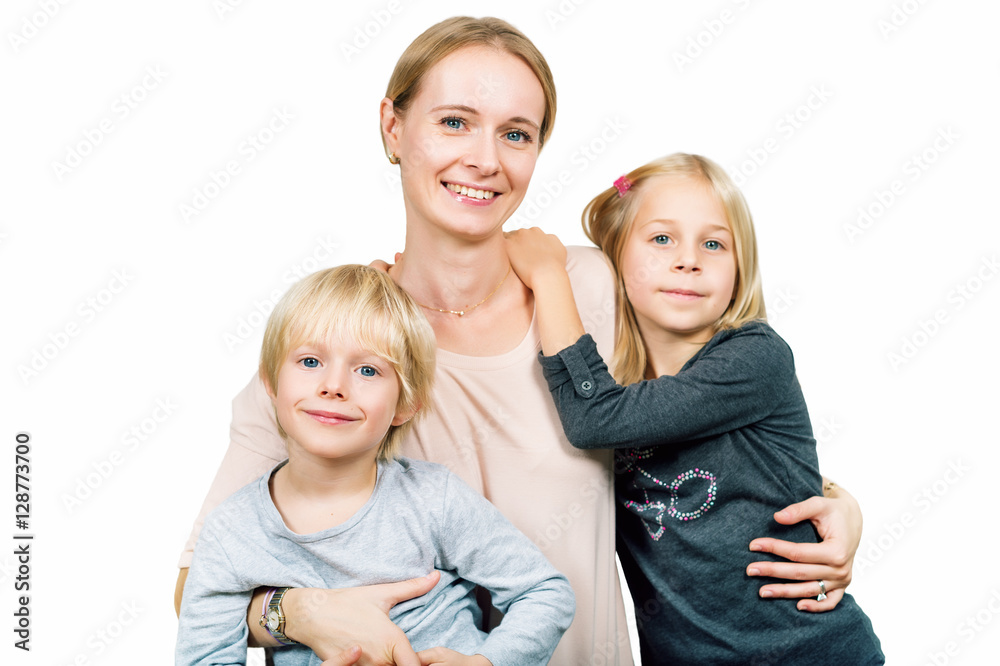 Studio shot of mother with two adorable kids, isolated on white background Studio shot of mother with two adorable kids, isolated on white background