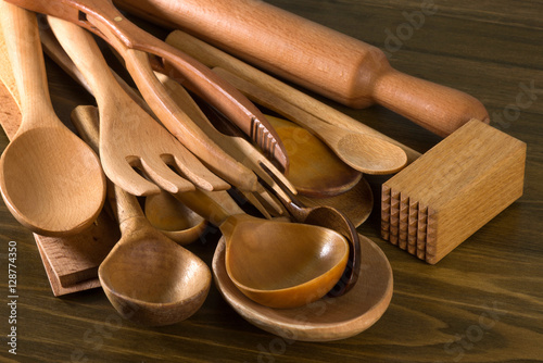 Billede på lærred Set of the wooden kitchen utensils