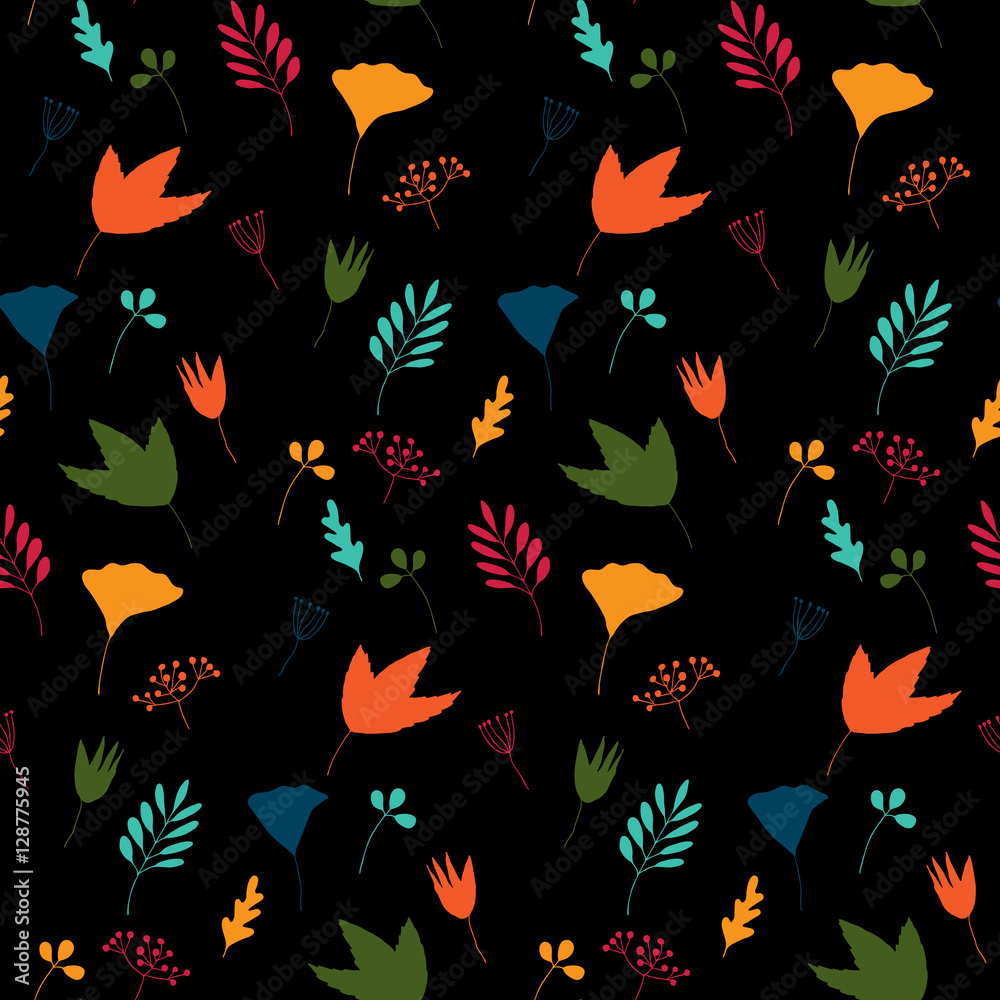 Seamless floral pattern with hand drawn leaves and flowers.