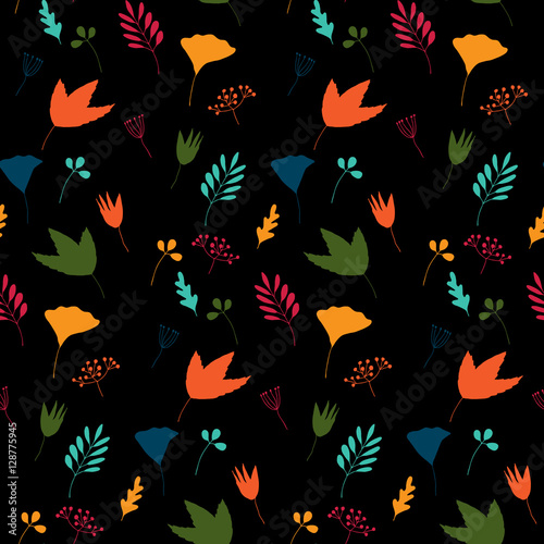 Seamless floral pattern with hand drawn leaves and flowers.