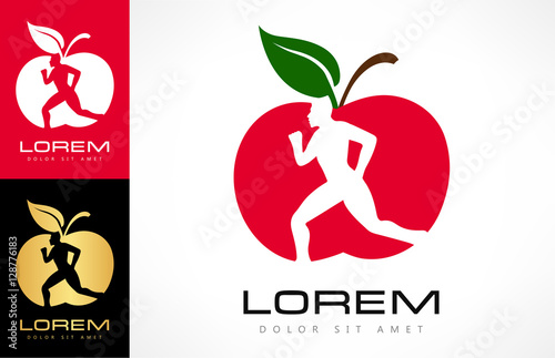 Man and apple logo. Diet and weight loss concept. Red apple.