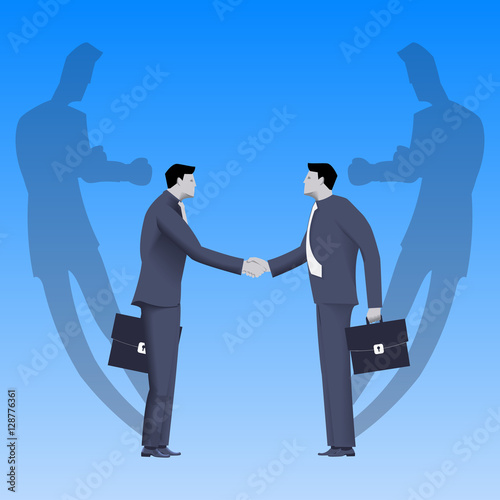 Tough negotiations business concept. Confident businessmen standing opposite each other and shaking each other hands, but their shadows are ready to fight.