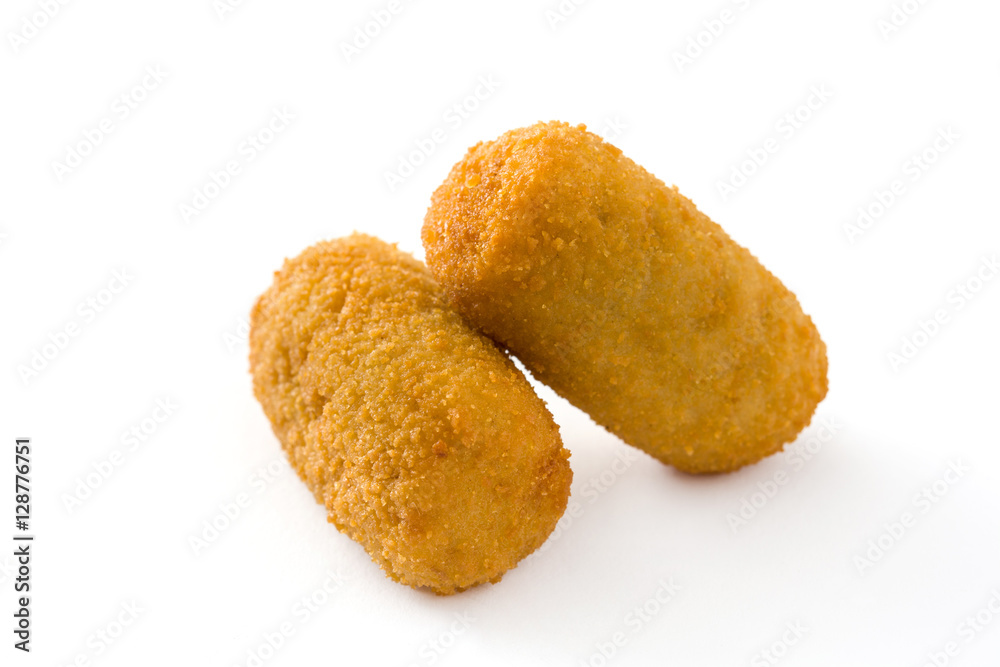 Traditional fried Spanish croquetas (croquettes) isolated on white background
Traditional fried Spanish croquetas (croquettes) isolated on white background