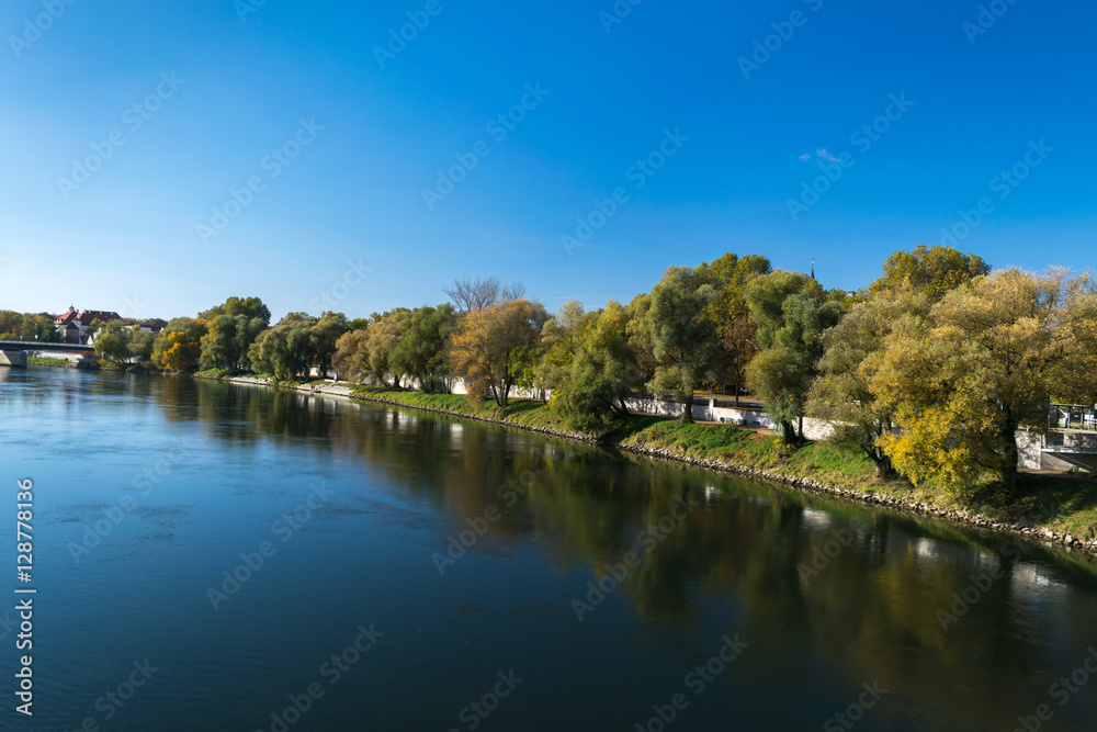 Wonderful autumn landscape by Danube River, Neues Schloss Castle, Ingolstadt, Germany, Bavaria, Europe