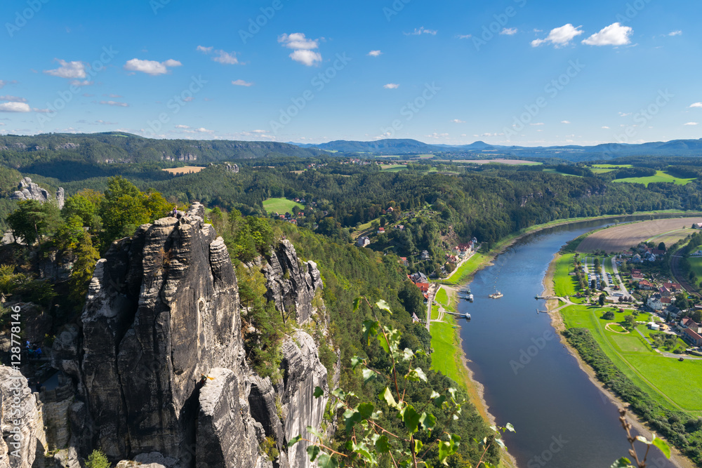 Panoramic view from the Bastei over the Elbe valley, Elbe Sandstone Mountains, Rathen, Saxon Switzerland National Park, Nationalpark Sachsische Schweiz, Germany, Europe Panoramic view from the Bastei over the Elbe valley, Elbe Sandstone Mountains, Rathen, Saxon Switzerland National Park, Nationalpark Sachsische Schweiz, Germany, Europe