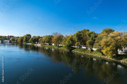 Wonderful autumn landscape by Danube River, Neues Schloss Castle, Ingolstadt, Germany, Bavaria, Europe