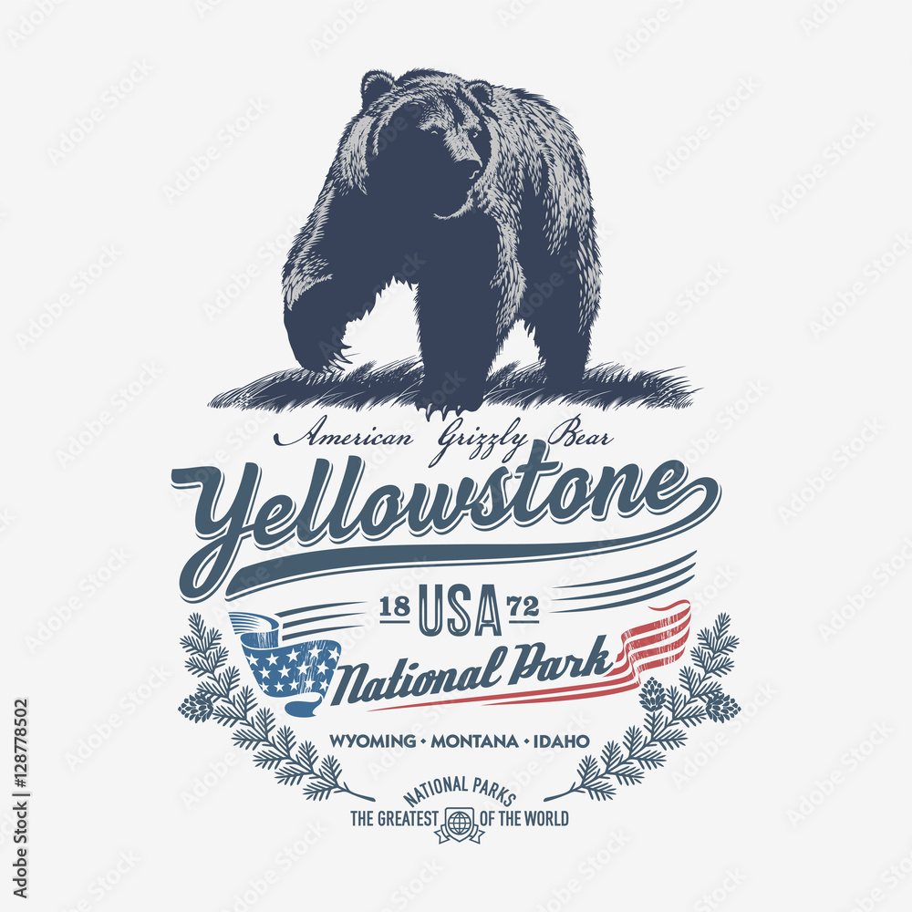 Obraz premium Медведь Гризли, Национальный парк Уеллоустоун, иллюстрация, вектор, на деревянном фоне