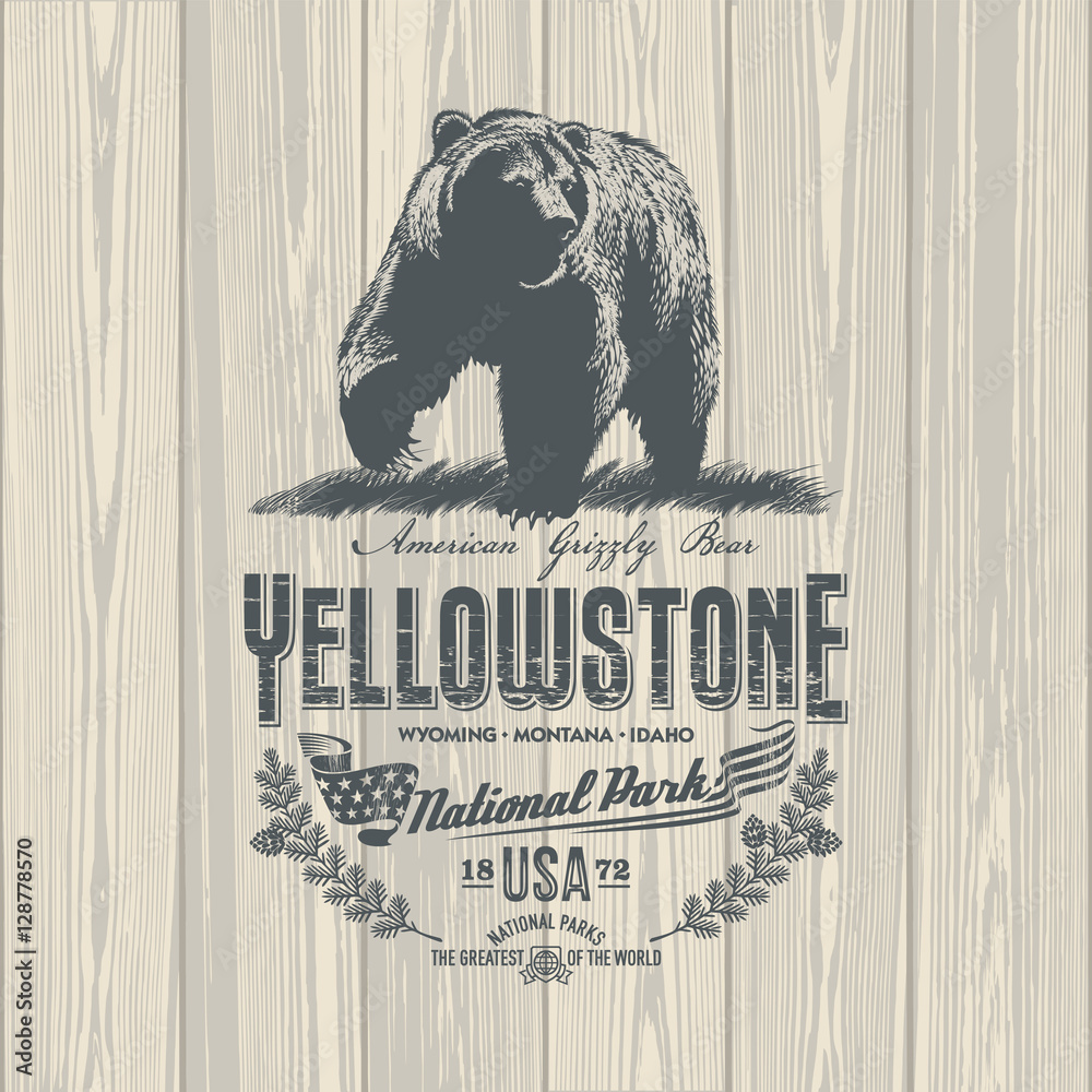 Obraz premium Медведь Гризли, Национальный парк Уеллоустоун, иллюстрация, вектор, на деревянном фоне