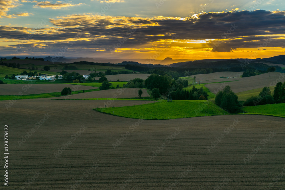 Sunset over fields, country side, Elbe Sandstone Mountains, Rathen, Saxon Switzerland National Park, Nationalpark Sachsische Schweiz, Germany, Europe