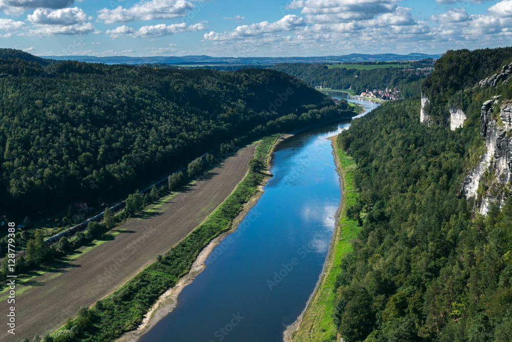 Panoramic view from the Bastei over the Elbe valley, Elbe Sandstone Mountains, Rathen, Saxon Switzerland National Park, Nationalpark Sachsische Schweiz, Germany, Europe Panoramic view from the Bastei over the Elbe valley, Elbe Sandstone Mountains, Rathen, Saxon Switzerland National Park, Nationalpark Sachsische Schweiz, Germany, Europe