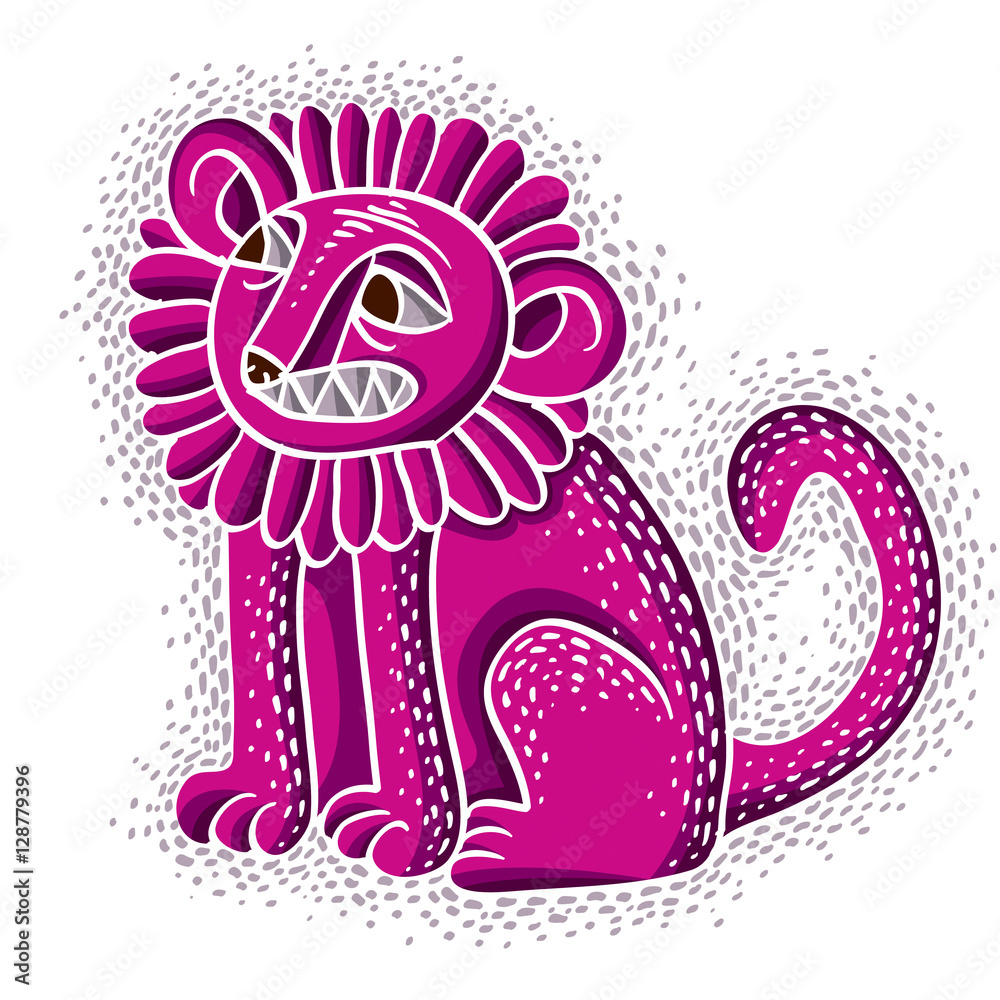 Vector illustration of purple sitting lion with teeth and beauti Vector illustration of purple sitting lion with teeth and beauti