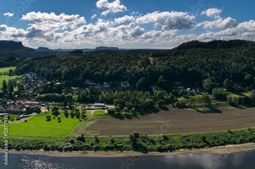 Panoramic view from the Bastei over the Elbe valley, Elbe Sandstone Mountains, Rathen, Saxon Switzerland National Park, Nationalpark Sachsische Schweiz, Germany, Europe