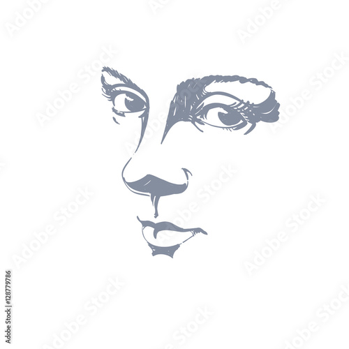 Monochrome hand-drawn silhouette of melancholic peaceful woman f