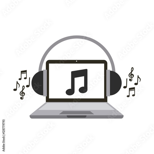 laptop computer with musical note and heaphones over white background. music and technology concept. vector illustration