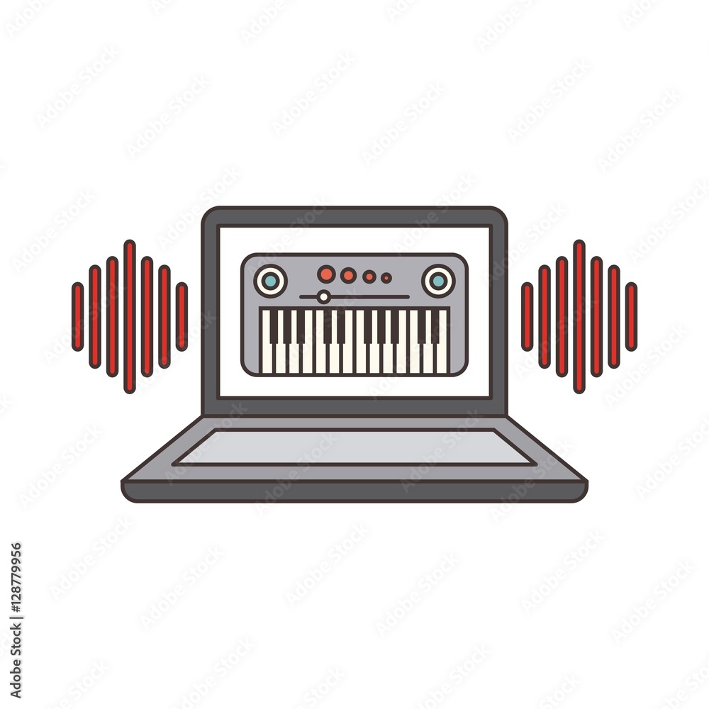 Obraz premium laptop computer with piano instrument icon on screen over white background. music and technology design. vector illustration