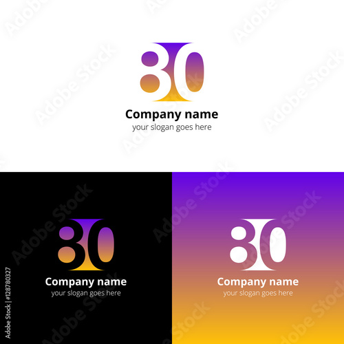 80 logo icon flat and vector design template. Monogram years numbers eight and zero. Logotype eighty with violet-yellow gradient color. Creative vision concept logo, elements, sign, symbol. photo