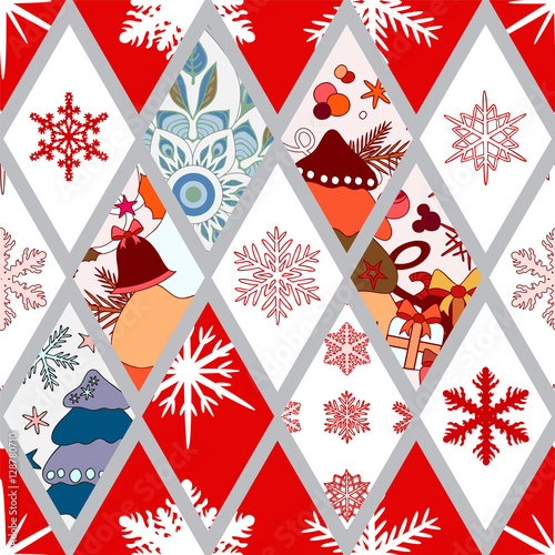 abstract seamless pathcwork tile with christmasl ornament.winter