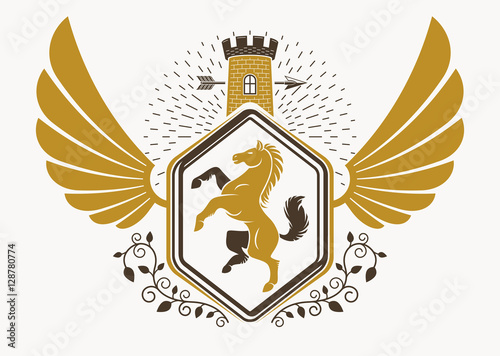 Vintage decorative heraldic vector emblem composed with eagle wi