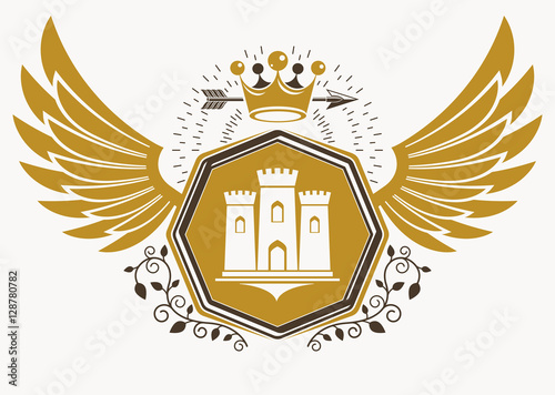 Vintage decorative heraldic vector emblem composed with eagle wi