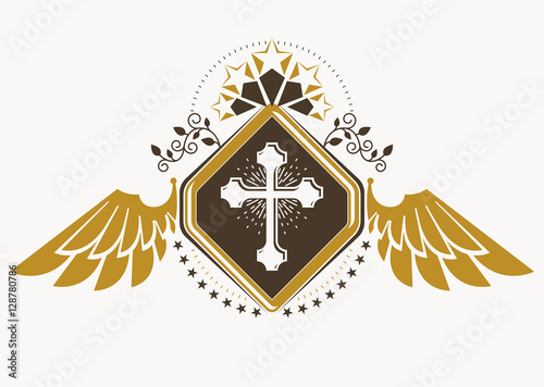 Vintage decorative heraldic vector emblem composed with eagle wi